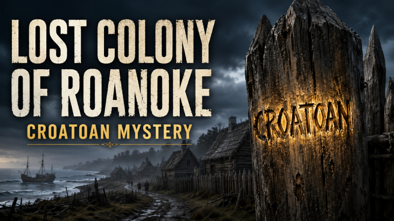 Cinematic thumbnail of the Lost Colony of Roanoke mystery with CROATOAN carved into a wooden post