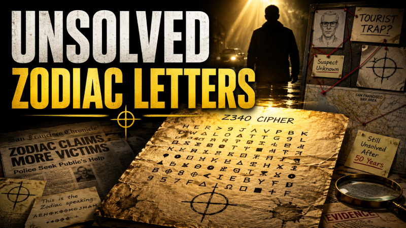 Cinematic mystery thumbnail showing Zodiac letters, ciphers, and old case files
